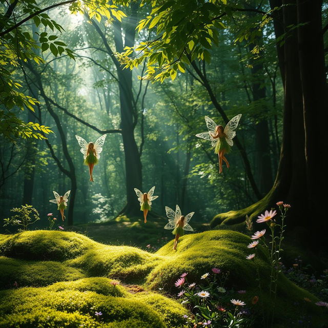 A serene and tranquil forest scene where ethereal fairies flit about