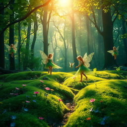 A serene and tranquil forest scene where ethereal fairies flit about