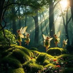 A serene and tranquil forest scene where ethereal fairies flit about