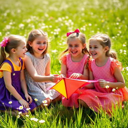 A group of young school girls playfully enjoying a day in a sunlit meadow, wearing vibrant, colorful clothing appropriate for a spring day
