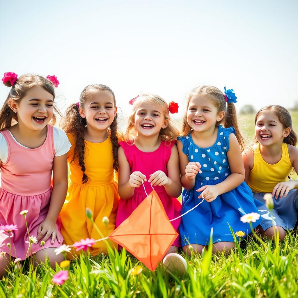 A group of young school girls playfully enjoying a day in a sunlit meadow, wearing vibrant, colorful clothing appropriate for a spring day