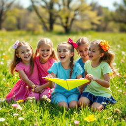 A group of young school girls playfully enjoying a day in a sunlit meadow, wearing vibrant, colorful clothing appropriate for a spring day