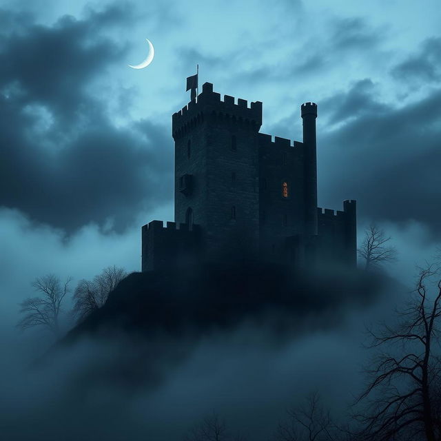 A cold, dark castle perched on a misty hill, surrounded by a gloomy landscape