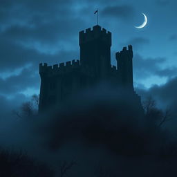 A cold, dark castle perched on a misty hill, surrounded by a gloomy landscape