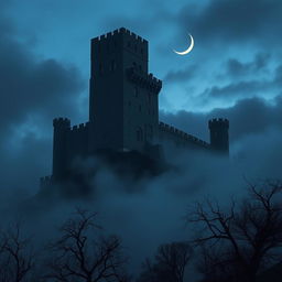 A cold, dark castle perched on a misty hill, surrounded by a gloomy landscape