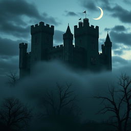A cold, dark castle perched on a misty hill, surrounded by a gloomy landscape