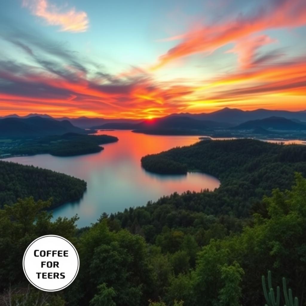 A visually striking image of a picturesque landscape featuring a vibrant sunset over a tranquil lake, surrounded by lush greenery and distant mountains