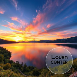 A visually striking image of a picturesque landscape featuring a vibrant sunset over a tranquil lake, surrounded by lush greenery and distant mountains