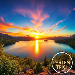 A visually striking image of a picturesque landscape featuring a vibrant sunset over a tranquil lake, surrounded by lush greenery and distant mountains