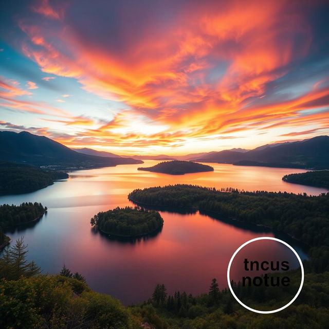 A visually striking image of a picturesque landscape featuring a vibrant sunset over a tranquil lake, surrounded by lush greenery and distant mountains