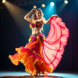 A mesmerizing transgender belly dancer shines on stage, adorned in a colorful flower dress that flows elegantly