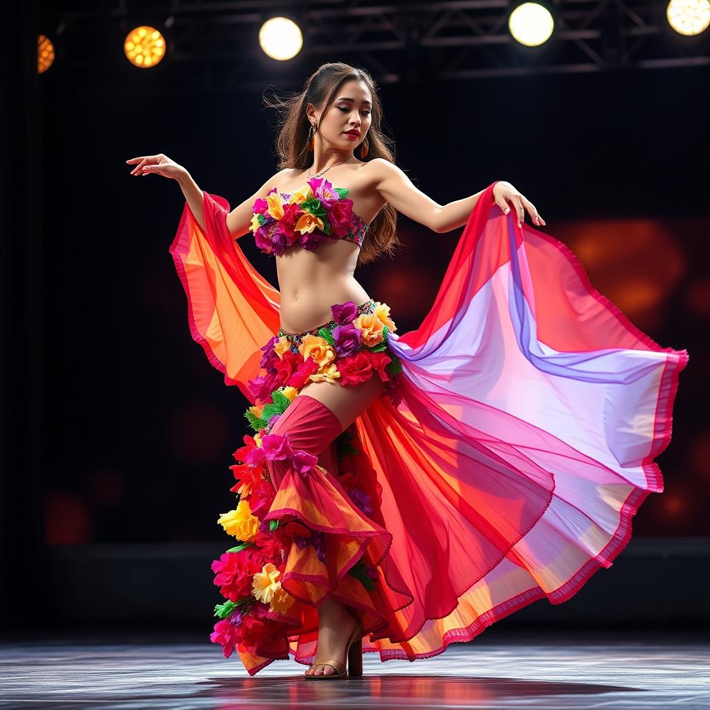 A mesmerizing transgender belly dancer shines on stage, adorned in a colorful flower dress that flows elegantly