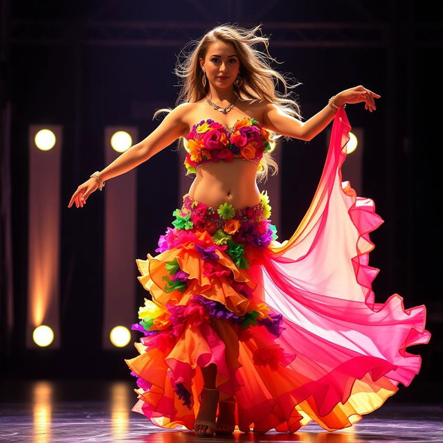 A mesmerizing transgender belly dancer shines on stage, adorned in a colorful flower dress that flows elegantly