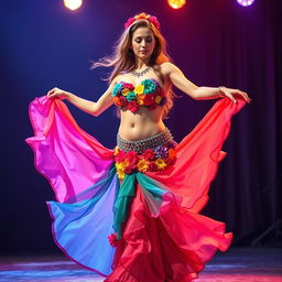 A mesmerizing transgender belly dancer shines on stage, adorned in a colorful flower dress that flows elegantly