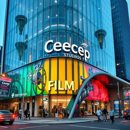 A futuristic building in Jakarta with sleek glass and metal architecture, featuring a vibrant mural depicting film reels and film cameras