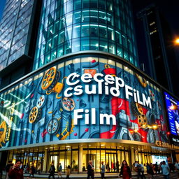 A futuristic building in Jakarta with sleek glass and metal architecture, featuring a vibrant mural depicting film reels and film cameras