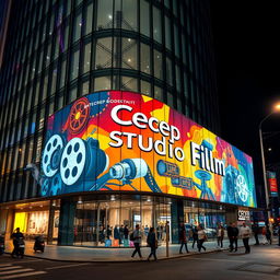 A futuristic building in Jakarta with sleek glass and metal architecture, featuring a vibrant mural depicting film reels and film cameras
