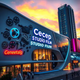 A futuristic building in Jakarta, featuring walls adorned with film reels and cameras, along with the text 'Cecep Studio Film'