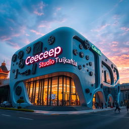 A futuristic building in Jakarta, featuring walls adorned with film reels and cameras, along with the text 'Cecep Studio Film'