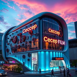 A futuristic building in Jakarta, featuring walls adorned with film reels and cameras, along with the text 'Cecep Studio Film'
