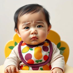 A beautifully portrayed six-month-old Korean baby girl with thick black hair, a small nose, and a small face