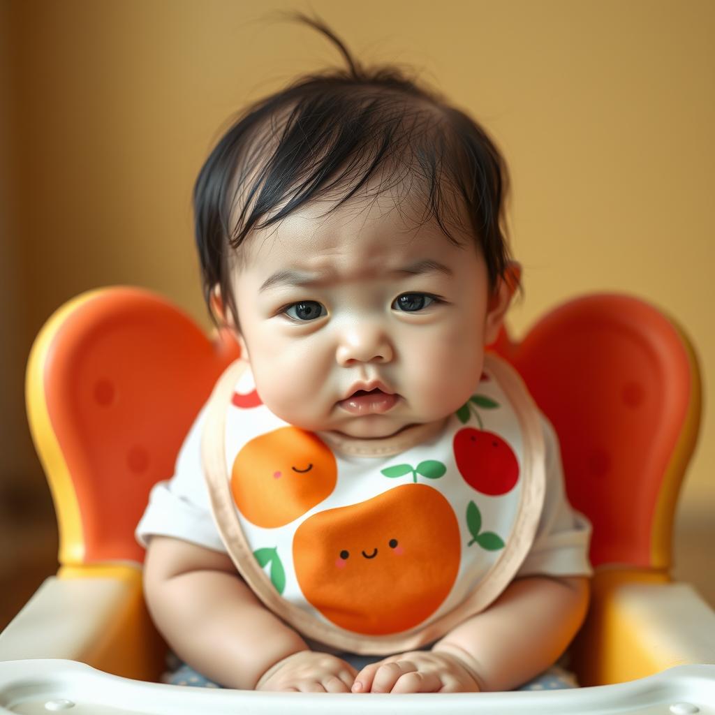 A beautifully portrayed six-month-old Korean baby girl with thick black hair, a small nose, and a small face