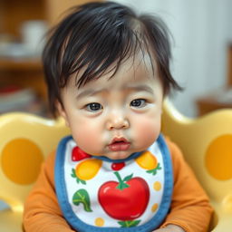 A beautifully portrayed six-month-old Korean baby girl with thick black hair, a small nose, and a small face