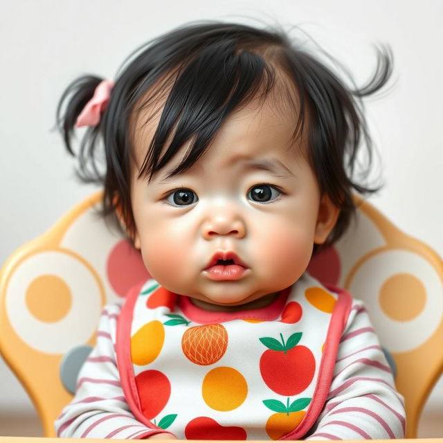 A beautifully portrayed six-month-old Korean baby girl with thick black hair, a small nose, and a small face