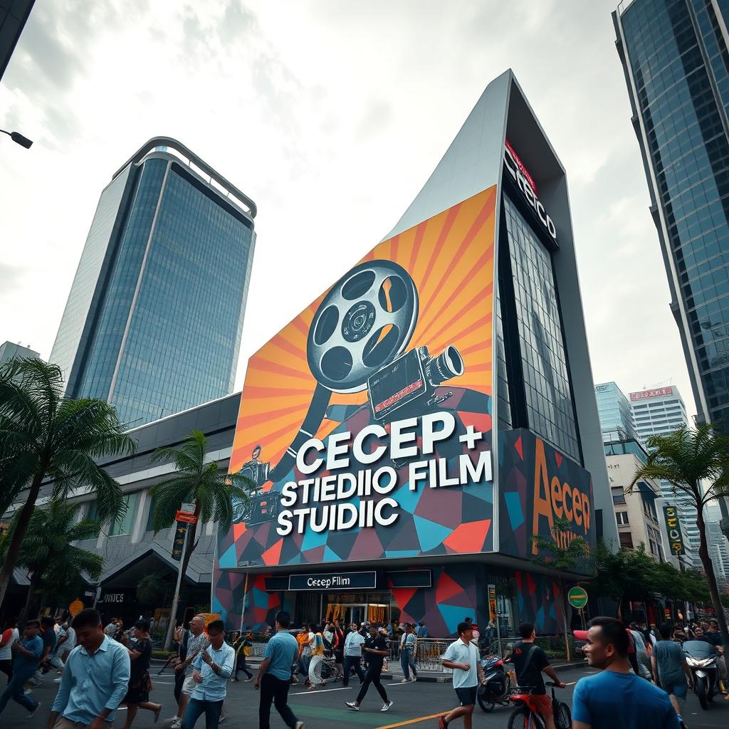 In a futuristic Jakarta cityscape, a striking building rises prominently, designed with sleek, modern architecture that reflects innovation