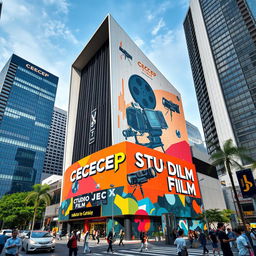 In a futuristic Jakarta cityscape, a striking building rises prominently, designed with sleek, modern architecture that reflects innovation