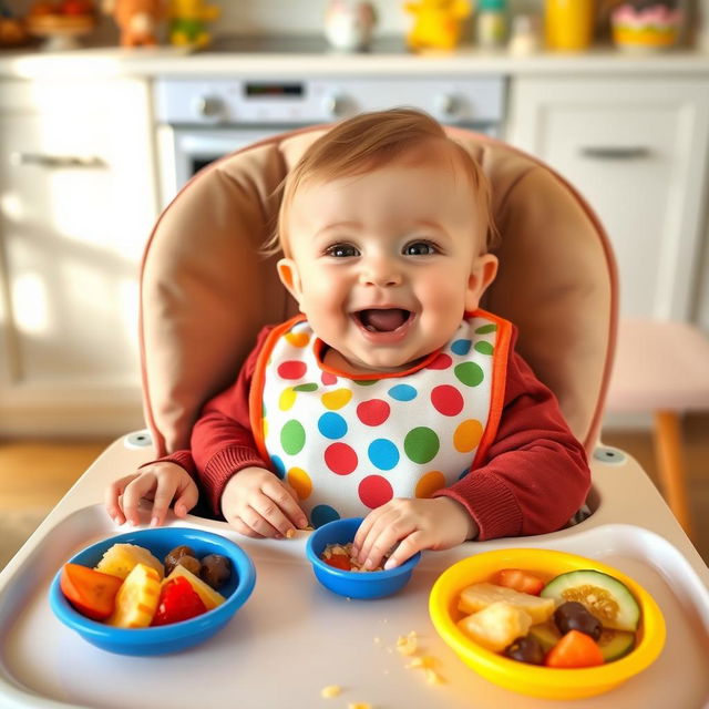 A cute baby sitting in a high chair with a playful expression, joyfully eating food