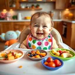 A cute baby sitting in a high chair with a playful expression, joyfully eating food