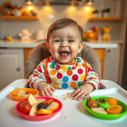 A cute baby sitting in a high chair with a playful expression, joyfully eating food