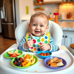 A cute baby sitting in a high chair with a playful expression, joyfully eating food