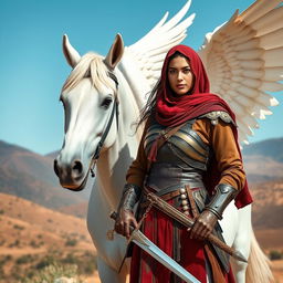 A strong and resilient Muslim warrior woman, dressed in traditional yet functional armor, stands confidently next to a magnificent white horse with large, majestic wings