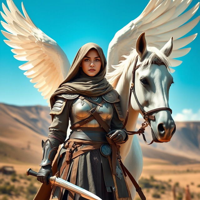 A strong and resilient Muslim warrior woman, dressed in traditional yet functional armor, stands confidently next to a magnificent white horse with large, majestic wings