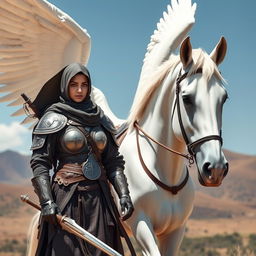 A strong and resilient Muslim warrior woman, dressed in traditional yet functional armor, stands confidently next to a magnificent white horse with large, majestic wings