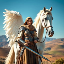 A strong and resilient Muslim warrior woman, dressed in traditional yet functional armor, stands confidently next to a magnificent white horse with large, majestic wings