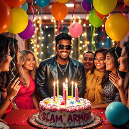 A festive, colorful birthday celebration scene for a character named ASLAM Armani