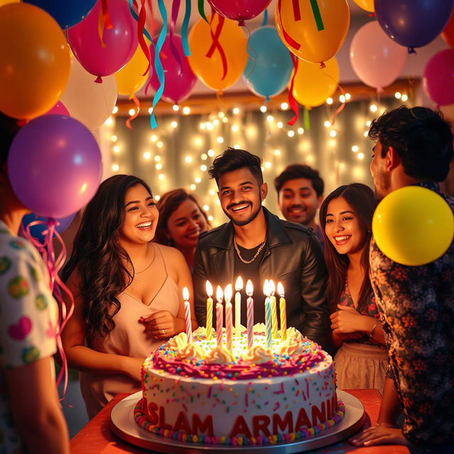 A festive, colorful birthday celebration scene for a character named ASLAM Armani