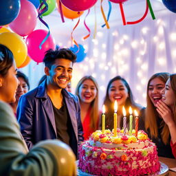 A festive, colorful birthday celebration scene for a character named ASLAM Armani