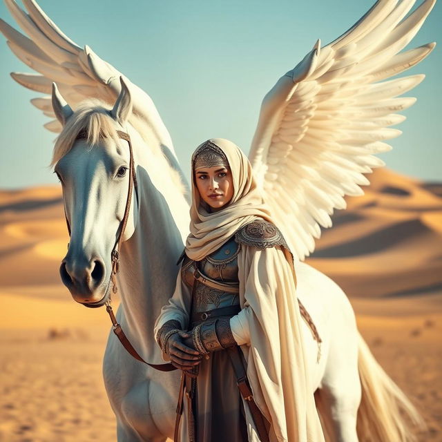 A strong Islamic warrior woman in traditional attire, standing confidently beside a majestic white winged horse