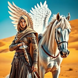 A strong Islamic warrior woman in traditional attire, standing confidently beside a majestic white winged horse