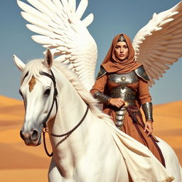 A strong Islamic warrior woman in traditional attire, standing confidently beside a majestic white winged horse