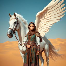 A strong Muslim warrior woman standing confidently beside a majestic white winged horse