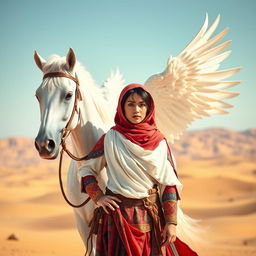 A strong Muslim warrior woman standing confidently beside a majestic white winged horse