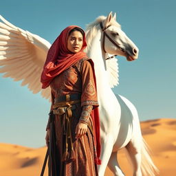 A strong Muslim warrior woman standing confidently beside a majestic white winged horse