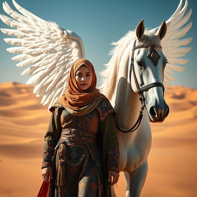 A strong Muslim warrior woman standing confidently beside a majestic white winged horse