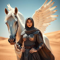 A strong Muslim warrior woman standing proudly beside a majestic white winged horse