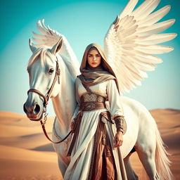 A strong Muslim warrior woman standing proudly beside a majestic white winged horse